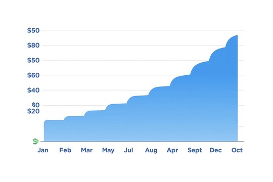 Area chart showing cumulative revenue over months, filled under line, blue gradient, white background, business graphic