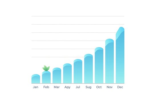 Area chart showing cumulative revenue over months, filled under line, blue gradient, white background, business graphic