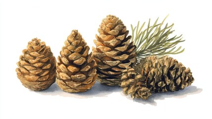 Fototapeta premium Watercolor pine cones set, natural tones, botanical illustration on white background