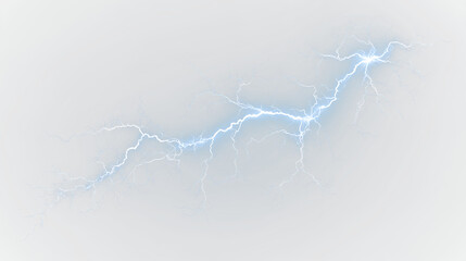 Blue and white lightning bolt striking isolated on transparent background with clear details of electric energy and motion captured in a vivid form, light overlay, PNG © Liubov