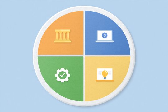Balanced scorecard graphic with four quadrants (Financial, Customer, Process, Learning), icons in each, clean design