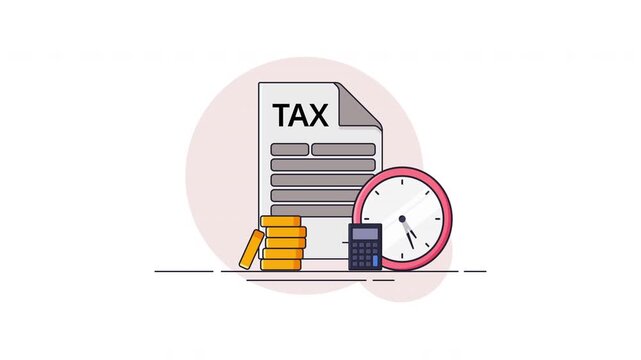 Animated Tax Payment and Financial Calculation With Clock, Calculator, and Gold Coins. Tax Time Deadline and Financial Accounting Motion Graphics