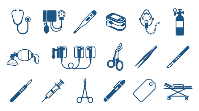 Comprehensive Collection of Medical Instruments Blue Icons Including Stethoscope, Thermometer, and Surgical Scissors on Isolated White Background.