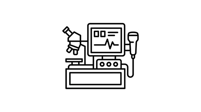Medical Diagnostic Equipment Outline Icon Showing Ultrasound, Microscope, and ECG Monitor on Isolated White Background.