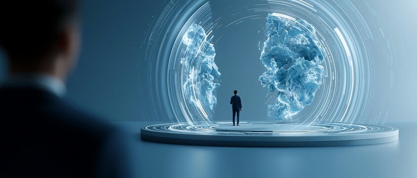 Business person standing before abstract artificial intelligence entities and futuristic digital interface symbolizing AI decision making, advanced analytics and interaction with intelligent systems