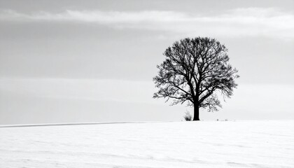 Fototapeta premium Solitary Tree in Winter Landscape - A Study in Black and White.