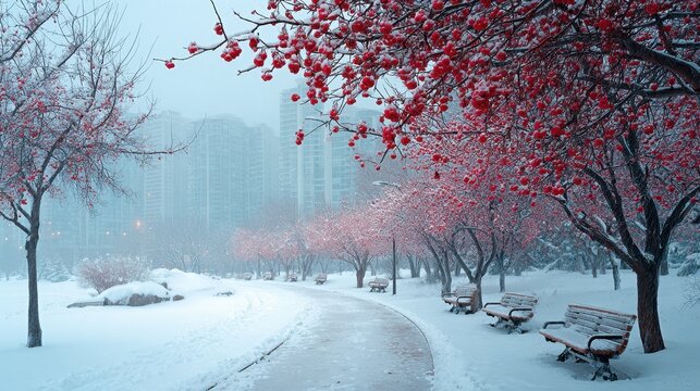 Winter city park under falling snow featuring bright red crabapple fruit on trees