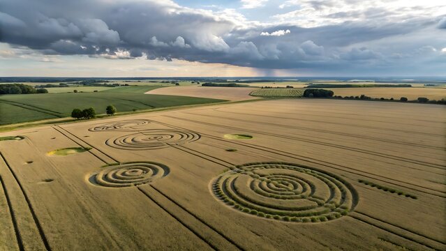 Aerial view of intricate geometric crop circles in a golden wheat field under cloudy sky geometric patterns