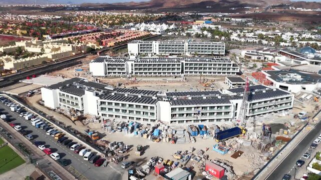 Aerial view of luxury hotel resort construction site and building development in Corralejo Fuerteventura