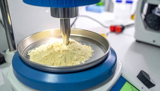 Powder being weighed on an electronic balance in a lab