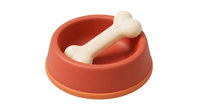 3D Illustration of a Red Dog Bowl with a Bone
