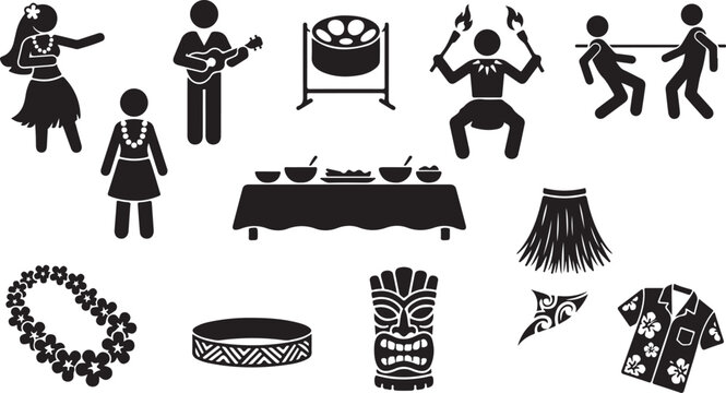 Black silhouette set of human activities and including shopping travel cooking and gardening