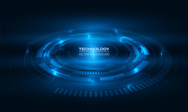 Futuristic technology background with glowing blue HUD interface elements, digital circles and neon light effects. Suit for cybersecurity presentations, AI branding, gaming graphic and data analytic.