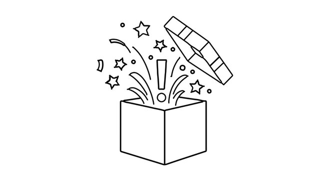 Surprise gift box with exclamation mark, stars, and confetti bursting out