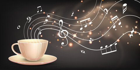 Coffee cup with musical steam on dark background © mariaaverburg
