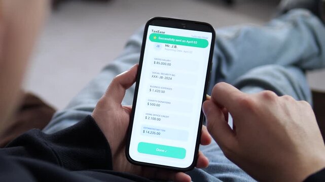 Viewing a tax return success screen on the TaxEase app. The green banner confirms Successfully sent on April 02 with a Done button. Perfect for tax software, e-filing, and financial compliance visuals
