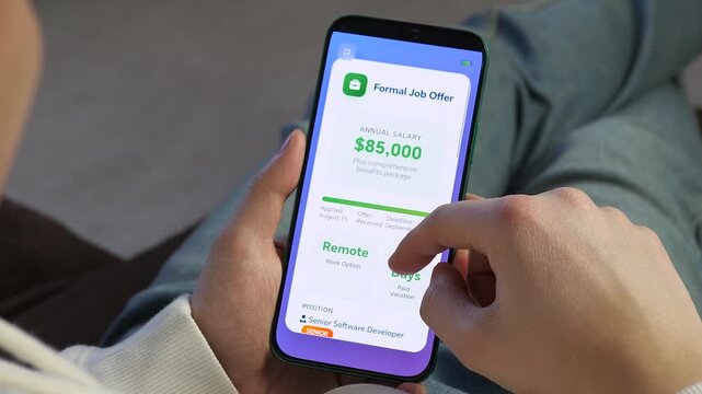 Modern professional achieving financial goals. Sequence shows receiving a top-tier job offer and breaking sales records via mobile app. Premium footage for fintech, career coaching, and business
