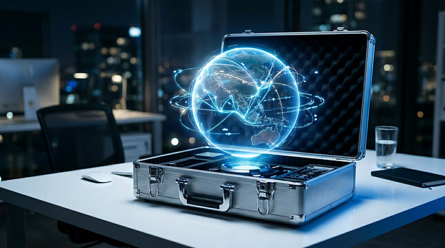 Holographic globe network emerging from a brief case, symbolizing global business technology and secure data exchange
