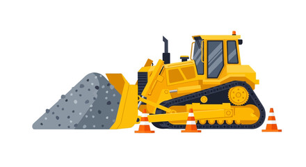 Obraz premium Industrial Yellow Bulldozer Moving Gravel Pile with Safety Traffic Cones Vector Illustration