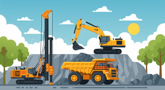 Industrial construction and mining heavy machinery vector illustration. Dynamic graphic showing quarry operations with earthmoving equipment like digger, truck, and drill rig