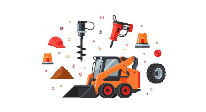 Skid Steer Loader and Construction Equipment Flat Illustration Set with Jackhammer, Auger, and Safety Gear
