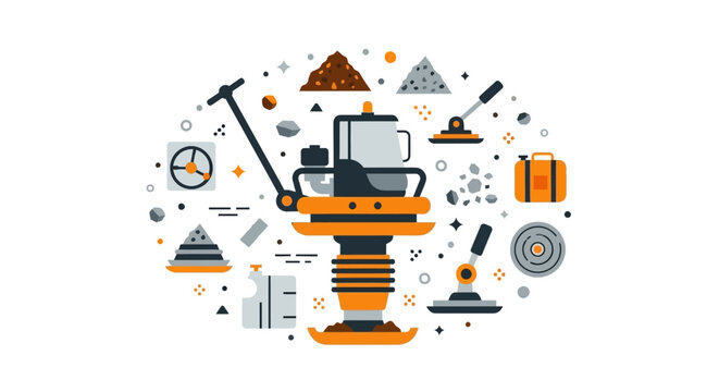 Flat Vector Illustration of a Tamping Rammer and Construction Site Equipment Icons for Soil Compaction and Infrastructure Engineering