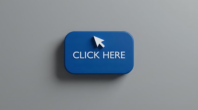 Blue click here button with white cursor arrow on gray background, web UI design element for digital marketing and call to action concepts.