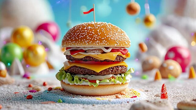 Colorful gourmet burger on beach themed setting with bokeh background