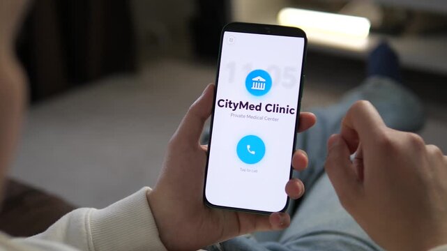 a user preparing to call a private medical center. The interface shows a clean white design with a Tap to call prompt. Ideal for illustrating healthcare accessibility, patient communication, and