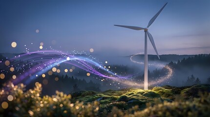 Fototapeta premium Wind turbine at dusk with glowing purple energy waves and bokeh lights, symbolizing clean renewable power and smart grid technology.