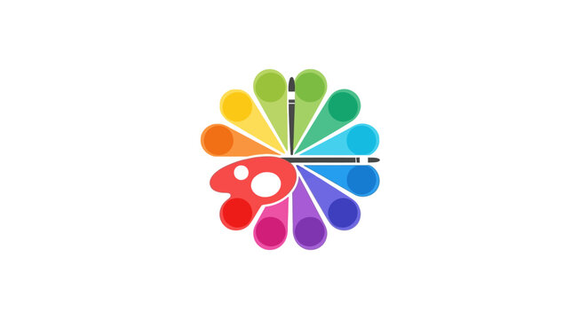 Vibrant Abstract Colorful Paint Flower with Brush Icon on Isolated White Background