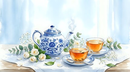 Fototapeta premium Watercolor tea set with blue and white porcelain teapot, two cups of hot tea, and white roses on a soft blue background.
