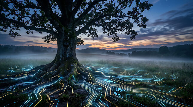The Intertwined Roots of Nature and Technology in a Serene Landscape