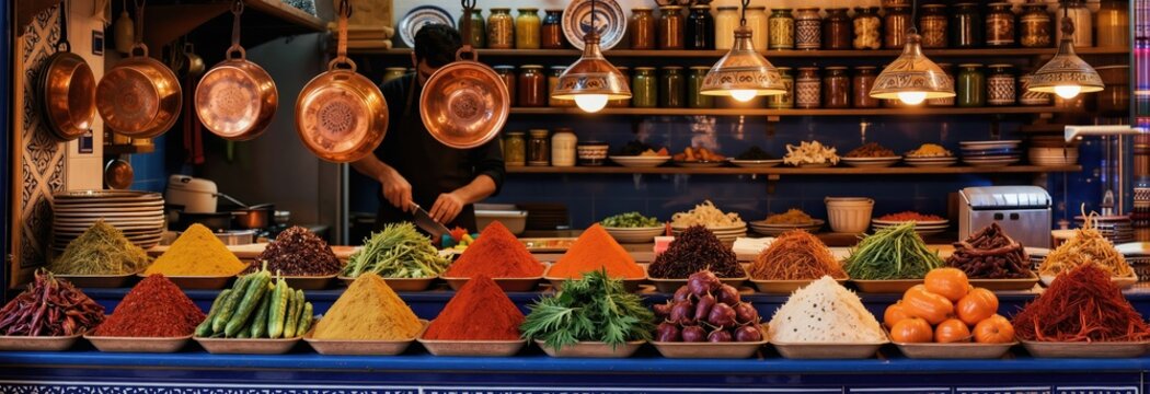 Man prepares ingredients in a Moroccan market stall. Colorful spices, herbs, and vegetables are piled high. Copper pots hang above shelves stocked with jars.