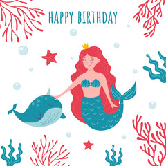 Happy birthday greeting card with cute mermaid and narwhal © Olga