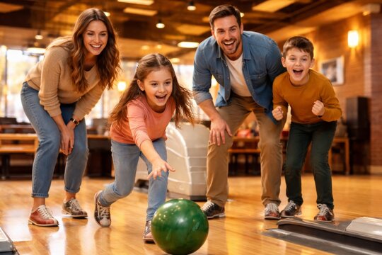 Happy family bowling together at indoor alley having fun and cheerful weekend activity