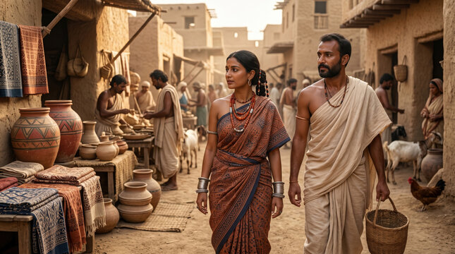Ancient Indian couple walking through a bustling marketplace in a historical village