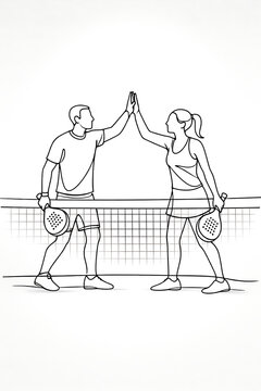 Mixed Doubles Padel Players High Five After Match Lineart Illustration