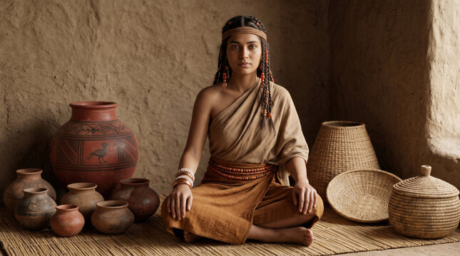 Ancient Indus Valley woman in traditional attire surrounded by pottery and baskets