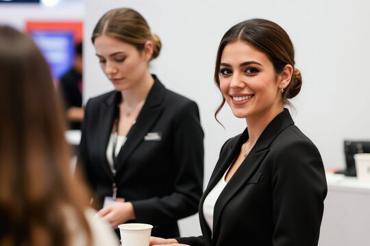 Two women in black blazers assist guests at business expo. One woman smiles warmly at camera, holding cup. Other woman looks down at attendees. Professional event staff at conference booth.