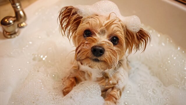 soap. A small dog enjoys a playful and bubbly bath time experience. wildlife magazines, conservation campaigns, designed for eco-tourism storytelling, used by store managers and retail merchandisers.
