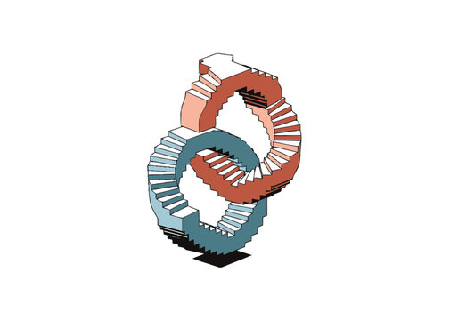 Infinite Interlocking Circular Staircases, Isometric Impossible Object Optical Illusion Illustration