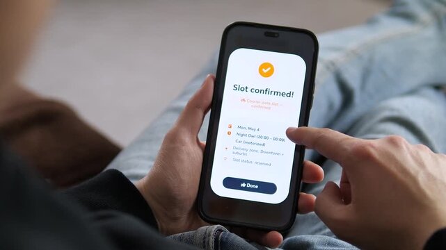 Hands holding a phone displaying a successfully reserved courier slot. The screen features a yellow checkmark and confirms the delivery details. Great for showcasing gig work, logistics tech, and