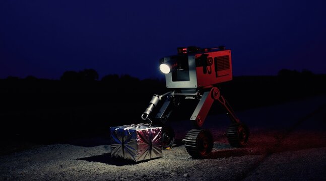 Robot with spotlight approaches suspicious package at night. Remote controlled vehicle investigates object in dark. Safety operation, bomb threat, military tech.