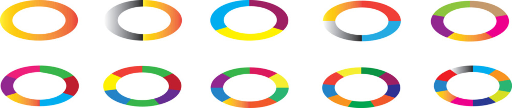 Pie chart set. Set of colorful pie charts, Different color circles isolated. Infographic element round shape. multicolored collection set of circle diagram, infographic design.