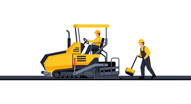 Road Construction Site with Workers and Asphalt Paver Machine Flat Vector Illustration