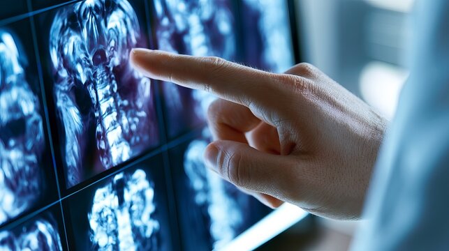 Doctor hand pointing at spinal MRI scans on medical display, diagnostic radiology, and orthopedic healthcare