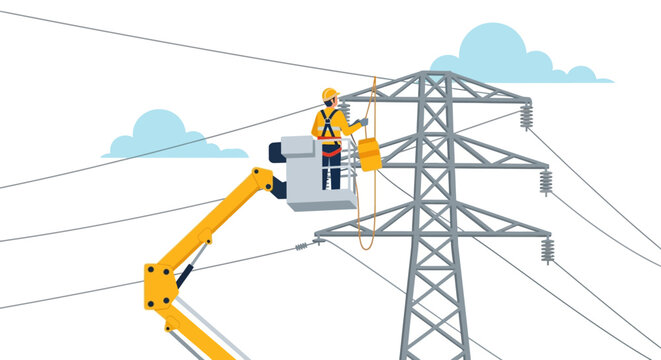 Utility Lineman Working on High Voltage Power Line from Bucket Truck. Professional maintenance of electrical infrastructure and energy grid. Flat vector illustration.