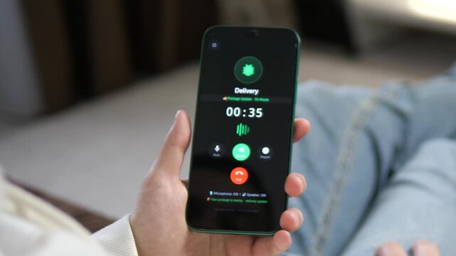 Modern delivery service active call on a smartphone. Features a clean dark UI with a call timer and package route updates. Perfect for logistics, e-commerce, and mobile app promotional videos