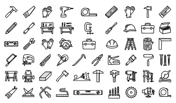 Carpentry outline icon vector set with woodworking tools construction and workshop symbols